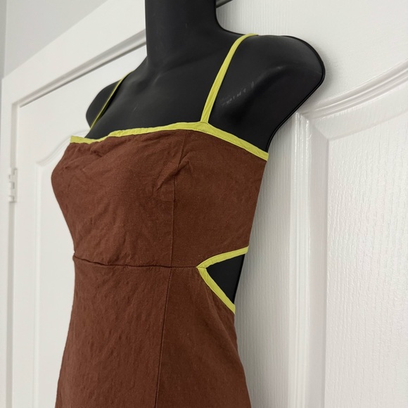 Maeve Anthropologie Dafni Cutout Linen Midi Dress Brown/Lime Green L - Picture 6 of 10
